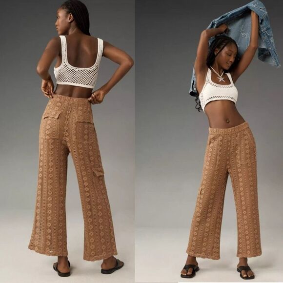 By Anthropologie Lace Cargo Pants Brown Knit Large - Picture 1 of 13